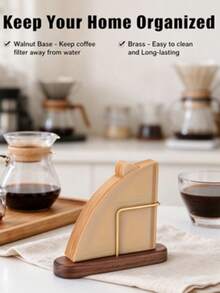 Walnut Brass Coffee Filter Holder, Bohemian Desktop Storage Rack, Pour Over Filter Paper Stand, For Home, Cafe, Camping & Office, Lacquered Walnut Shelf, Desktop Organizer, Christmas Xmas Gift For Coffee Enthusiasts - Multicolor - View 2