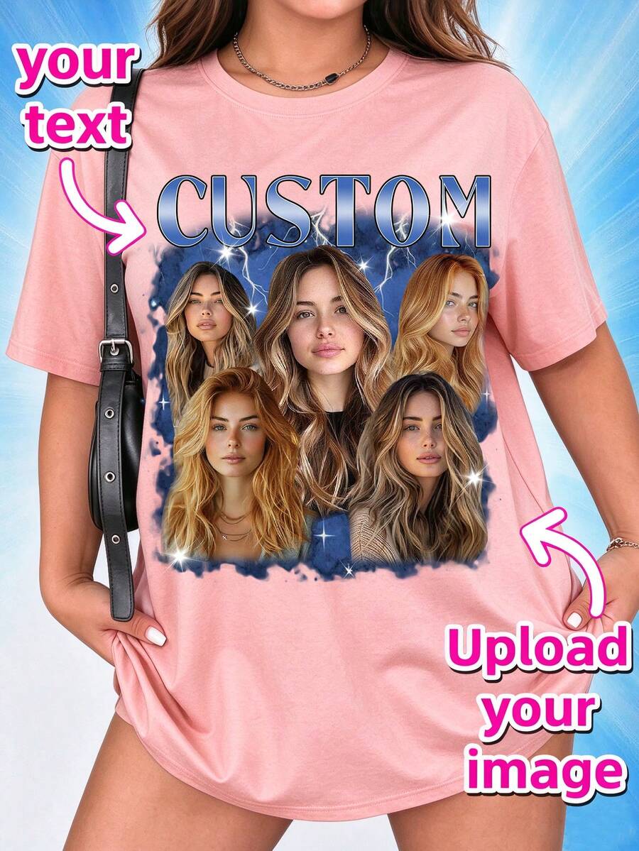 Plus Size Custom Photo T-Shirt, 90s Vintage Portrait Print T-Shirt, Add Photo And Text, Personalized Birthday Gift - Pink - View 1