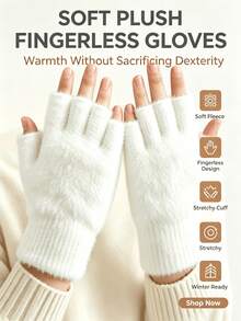 3pcs Set Casual Cute Party Polyester Jacquard Fuzzy Soft Knit Half-Finger Gloves For Outdoor, Casual, College, Spring/Autumn Study, Winter - White - View 4