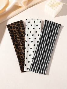 3pcs Vintage Leopard Print Polka Dot Striped Wide Headband For Women, Casual Sports Yoga Home Commute Versatile Hair Accessory - Multicolor - View 4