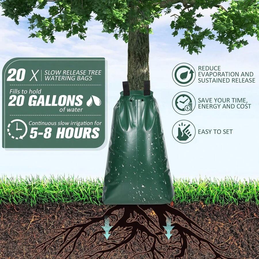 PVC 20 Gallon Slow Release Tree Irrigation Bag, Reusable Drip Watering Pouch, Tree Drip Irrigation Water Bag, Even Water Distribution, Water Saving Plant Irrigator For Outdoor Garden, Yard Sapling & Mature Tree Watering