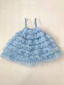 Summer Baby Girl Dress, New Sweet Mesh Spaghetti Strap Dress, Super Cute Cake Skirt - Blue - View 5