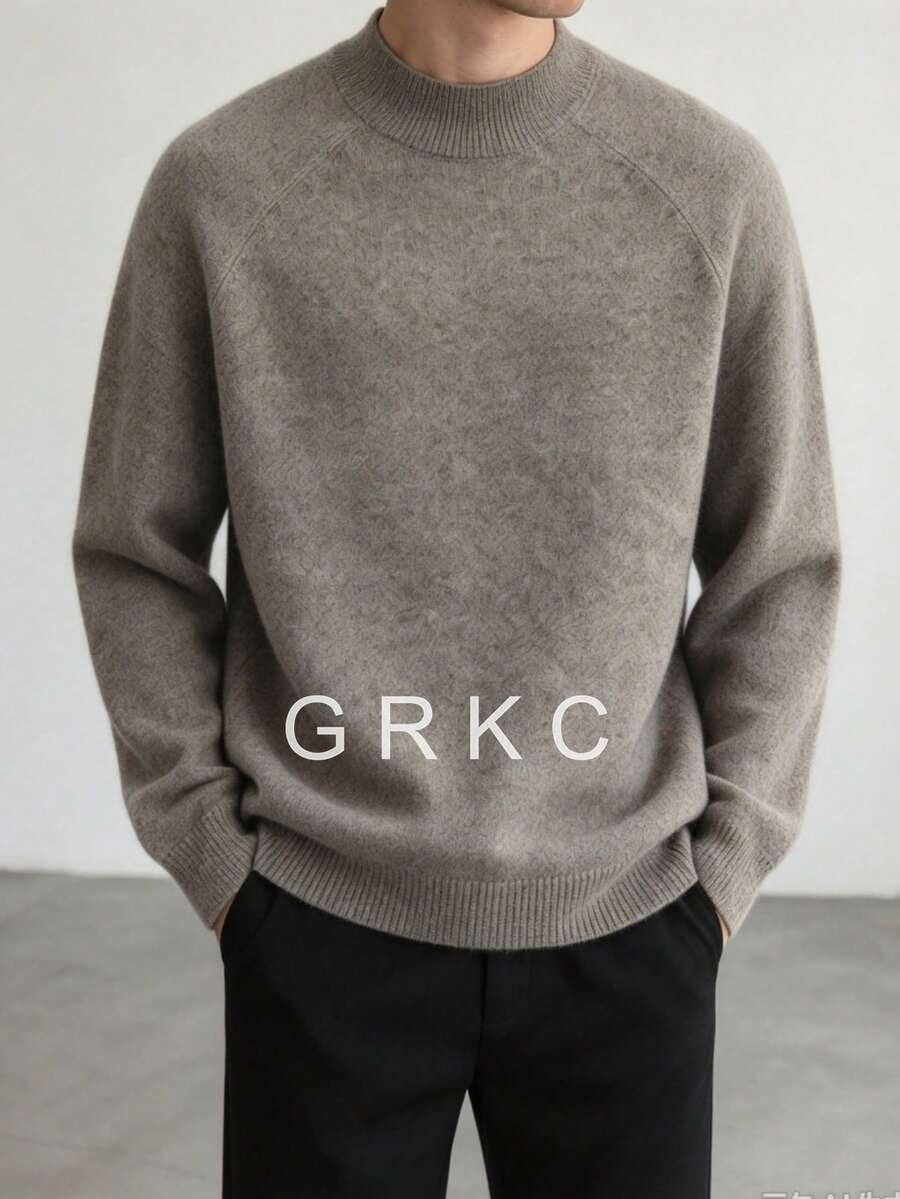 GRKC كنزة صوفية رجالية بياقة نصف عالية، أكمام طويلة بتصميم راغلان، ملابس محبوكة بأسلوب كوري كاجوال للتنقل، خريف/شتاء - كاكي - مشاهدة 1