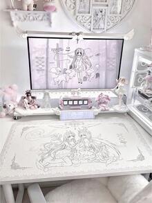Alas Meja Kulit Besar Motif Malaikat Lucu untuk Anak Perempuan, Alas Mouse PU Berbingkai Renda Putih dengan Gambar Garis Manga, Pelindung Meja Anti Selip Tahan Air, Dekorasi Meja Estetik untuk Ruang Belajar dan Bermain Game Anak Perempuan - View 2