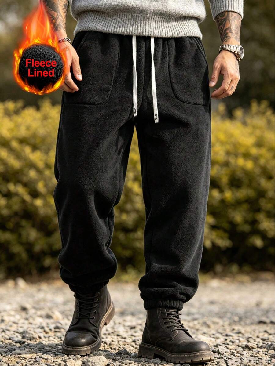 Men's Fleece Lined Drawstring Waist Loose Casual Sports Pants, Fleece Pants, Suitable For Autumn, Winter And Spring - Black - View 1