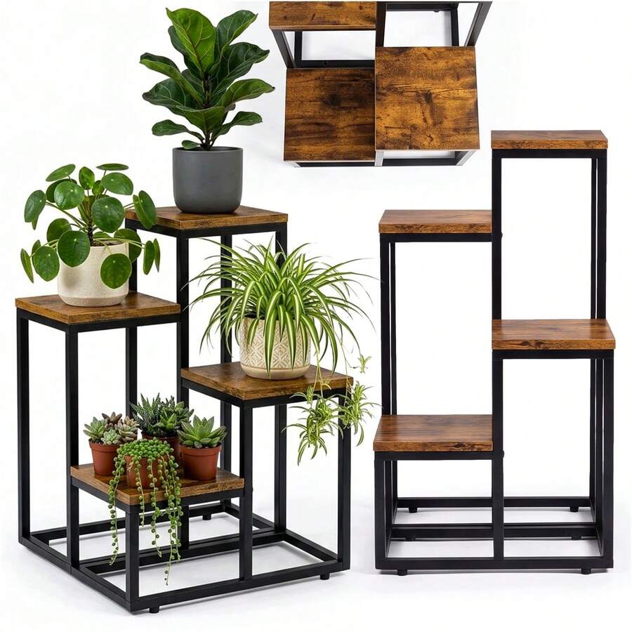 4-Tier Standing Plant Stand 34 * 34 * 68 Cm, Loft Style Flower Pot Rack With Black Powder-Coated Steel Frame And MDF Shelves, Compact Vertical Display For Plants And Decorations In Living Room, Bedroom, Office And Hallway - A - View 1