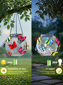 Glass Solar Hanging Light, Colorful Butterfly Decorative Lamp, Waterproof Auto On/Off LED Fairy Light, Outdoor Patio Garden Porch Hanging Decor, Christmas Halloween Party Yard Landscape Decoration - Round - View 9