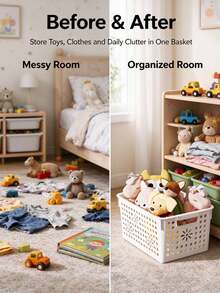 White Hollow Plastic Storage Basket With Floral Cutout Pattern And Handle, Multi-Functional Home Organizer Bin For Toys, Clothes, Sundries, Suitable For Bedroom, Living Room, Closet And Game Room - Multicolor - View 3