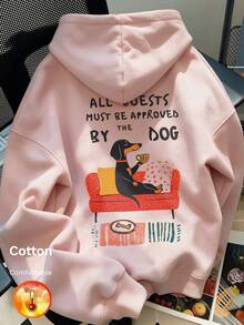Autumn/Winter Women's Fleece Hoodie, Dog Graphic With English Lettering, Y2K Style - Sand Red - View 2