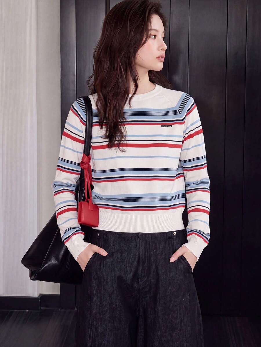 Women's Autumn/Winter Minimalist Casual Colorful Striped Crew Neck Pullover Sweater Knit Top White Fall - White - View 1