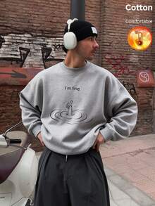 Men's Thermal Lined Crew Neck Sweatshirt With Concentric Circle Letter Print, Y2K Style, Autumn/Winter - Heather Gray - View 1