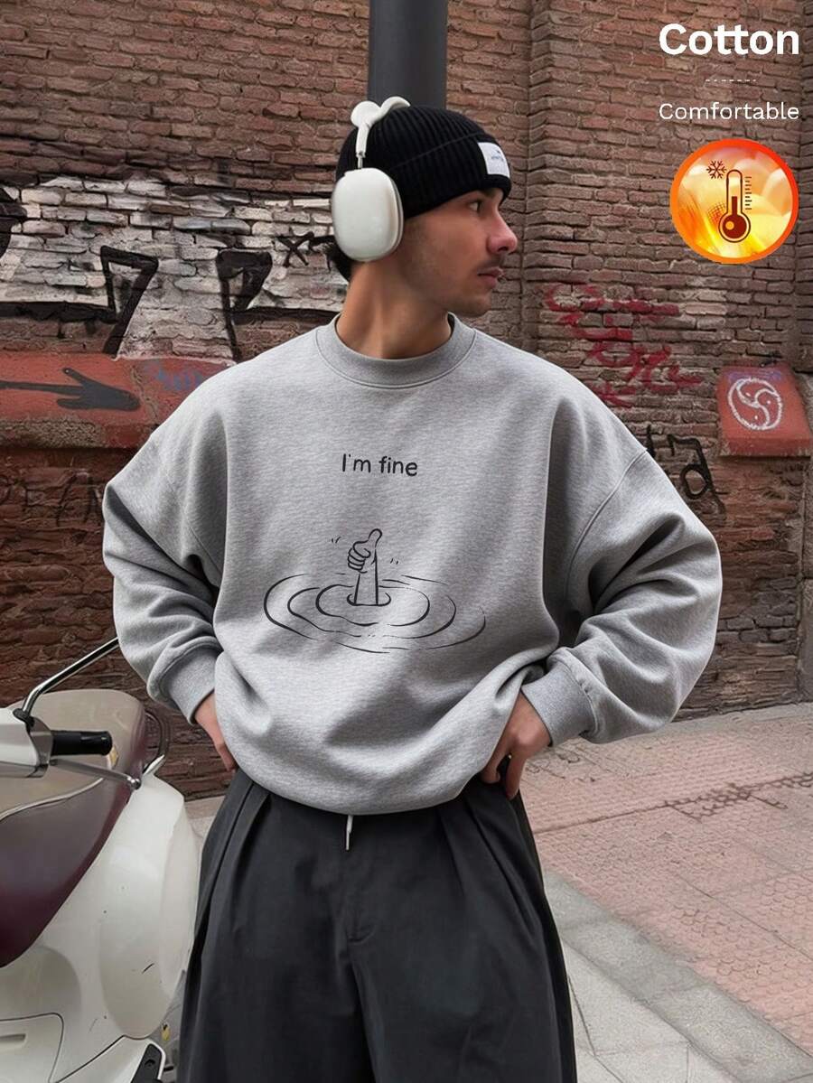 Men's Thermal Lined Crew Neck Sweatshirt With Concentric Circle Letter Print, Y2K Style, Autumn/Winter - Heather Gray - View 1