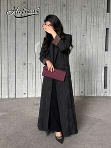 Hafizah Women's Black Striped Alaya-Double Breasted Button Detail Long Robe, Suitable For Conservative Fashion Wear Fall - Black - View 6