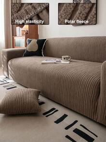 1pc Classic Elastic Fitted Sofa Cover, T-Shaped Backrest Design, Machine Washable Polyester Fiber Dust-Proof Cover, Antibacterial And Soft, Suitable For Single, Double, 3-Seater And 4-Seater Sofas, Holiday Decoration - Brown - View 1