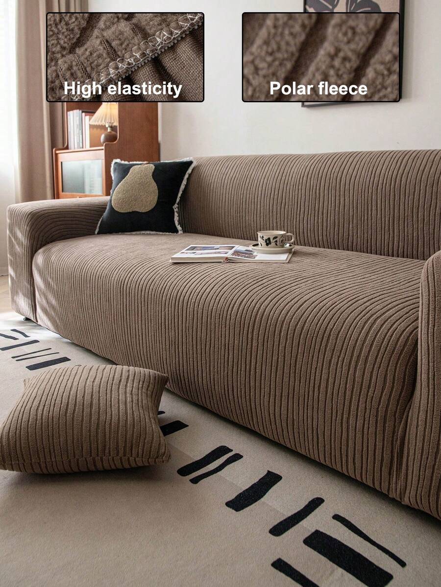 1pc Classic Elastic Fitted Sofa Cover, T-Shaped Backrest Design, Machine Washable Polyester Fiber Dust-Proof Cover, Antibacterial And Soft, Suitable For Single, Double, 3-Seater And 4-Seater Sofas, Holiday Decoration - Brown - View 1