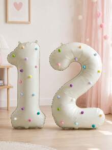 1 Set 32-Inch Cream-Colored Number Foil Balloons With Colorful Plush Balls, Suitable For Birthday Party Decoration, Baby Shower, Gathering (Self-Adhesive Plush Balls, Random Colors) - View 6