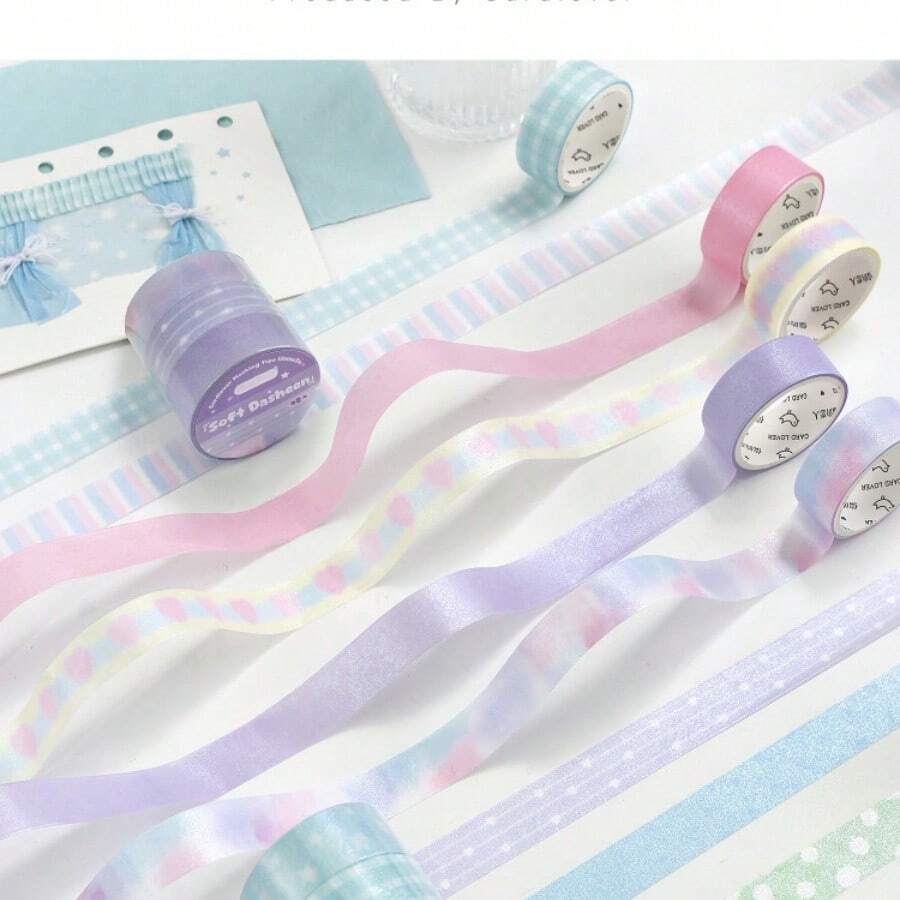 3pcs Soft Candy Diary Pearlescent Washi Tape Set, Macaron Gradient Plaid Polka Dot Basic Style Scrapbook Collage Background Decorative Stickers DIY Border Material Stickers - Multicolor - View 1