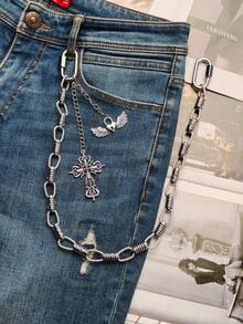 Gothic Y2K Spring Single Layer Pants Chain, Vintage Cross & Wing Heart Pendant Denim Jeans Chain, Unisex Aesthetic Metal Wallet Chain - Silver - View 14
