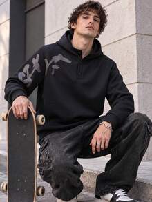 Men's Winter Black Sweatshirt, Fashionable Printed Basic Fit Sweatshirt Sweatshirt, Suitable For Autumn/Winter Wear, Outdoor Activities, Street Commuting, Gym Sports - Black - View 4