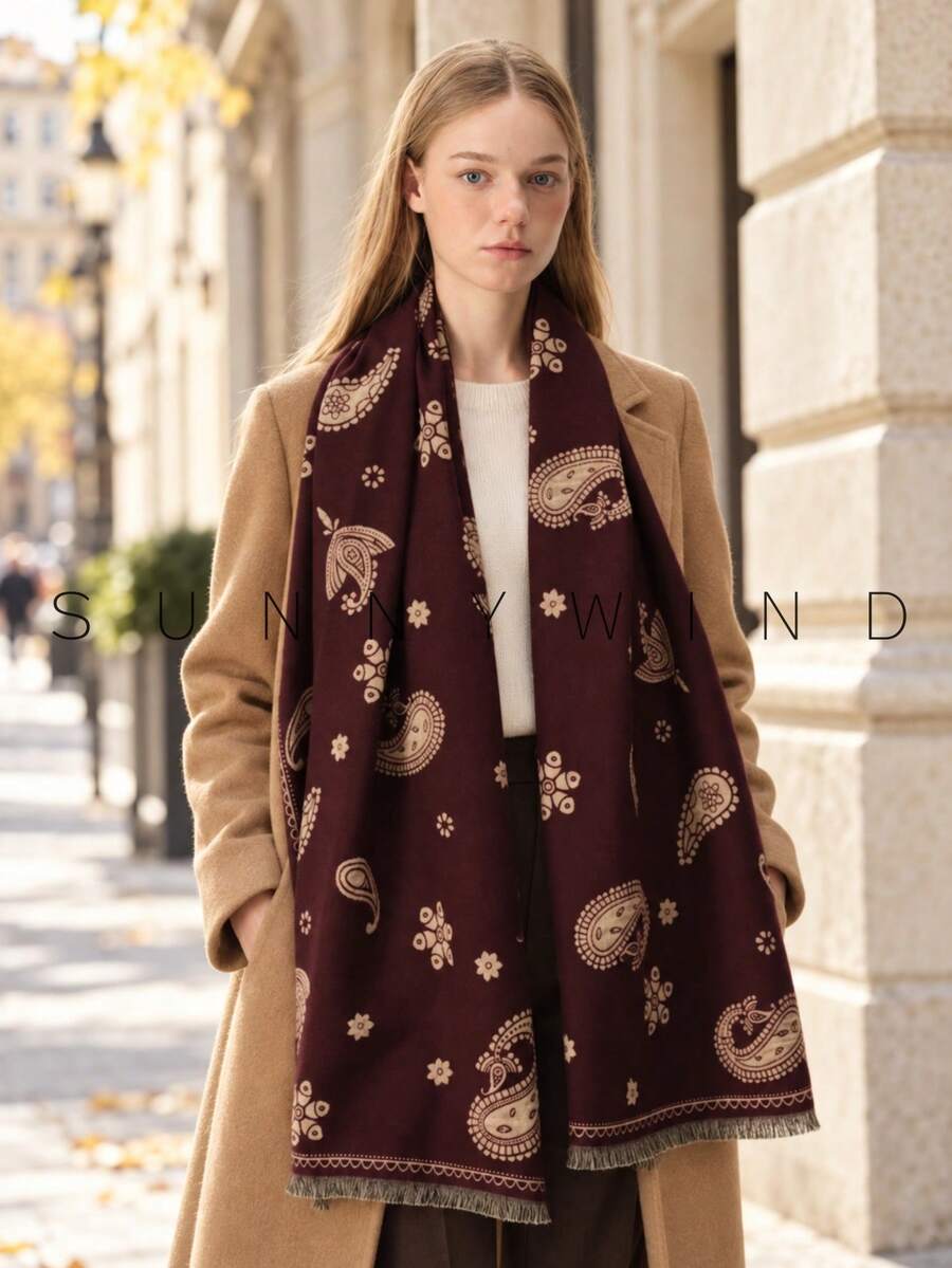 1件女款佩斯利花紋優雅柔軟聚酯纖維圍巾,適合秋冬日常穿著 - 酒紅色 - 查看 1