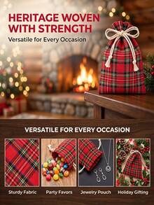10pcs Jewelry Drawstring Bags, Red Thick Rope Plaid Fabric Bags, Portable Travel Jewelry Storage Bags For Earrings, Necklaces, Rings, Wedding Party Gift Bags, Small Gift Packaging Bags, Holiday Gift Packaging Bags, Christmas/Christmas Decrations/Party Decorations/Bedroom Accessories - Multicolor - View 9