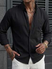 Men's Casual Single-Breasted Long Sleeve Shirt For Business Office - Black - View 3