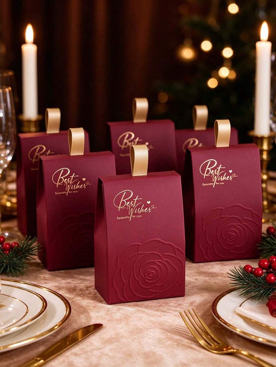 10pcs Burgundy Embossed Rose Gold Foil Gift Boxes, Gold Rope Handle ...