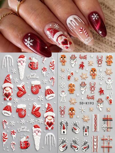 QIANJIKU 2pcs 5D Embossed Winter Hot Cocoa & Gloves Nail Stickers, Gingerbread Man, Santa Claus, Snowflake & Red White Plaid Pattern, Holiday Party Nail Art Supplies, Suitable For Winter, Christmas, Holiday Gifts & Daily Nail Decoration
