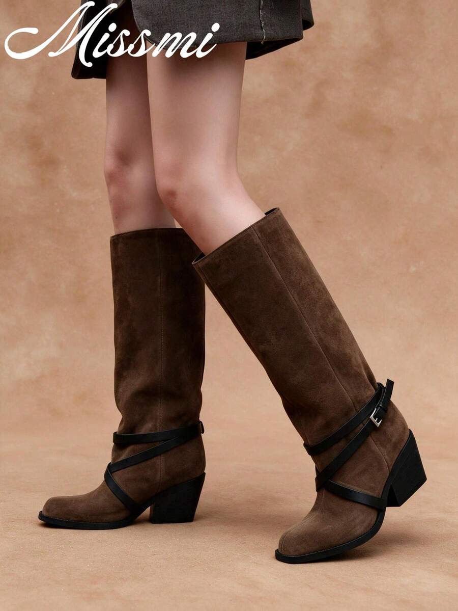 Buckle Strap Decor Mid-Calf Boots, Square Toe Chunky Heel Slip-On Mid ...