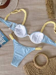 HaiiMeid Women's Fashion Braided Shoulder Strap Bikini Set, Underwire One-Piece Top With Contrast Color Back Tie Swimwear Vacation Beach Summer - Multicolor - View 7