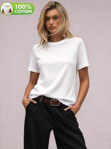 100% Pure Cotton Women's T-Shirt, White Short Sleeve, Spring/Summer/Autumn Casual Wear - White - View 12
