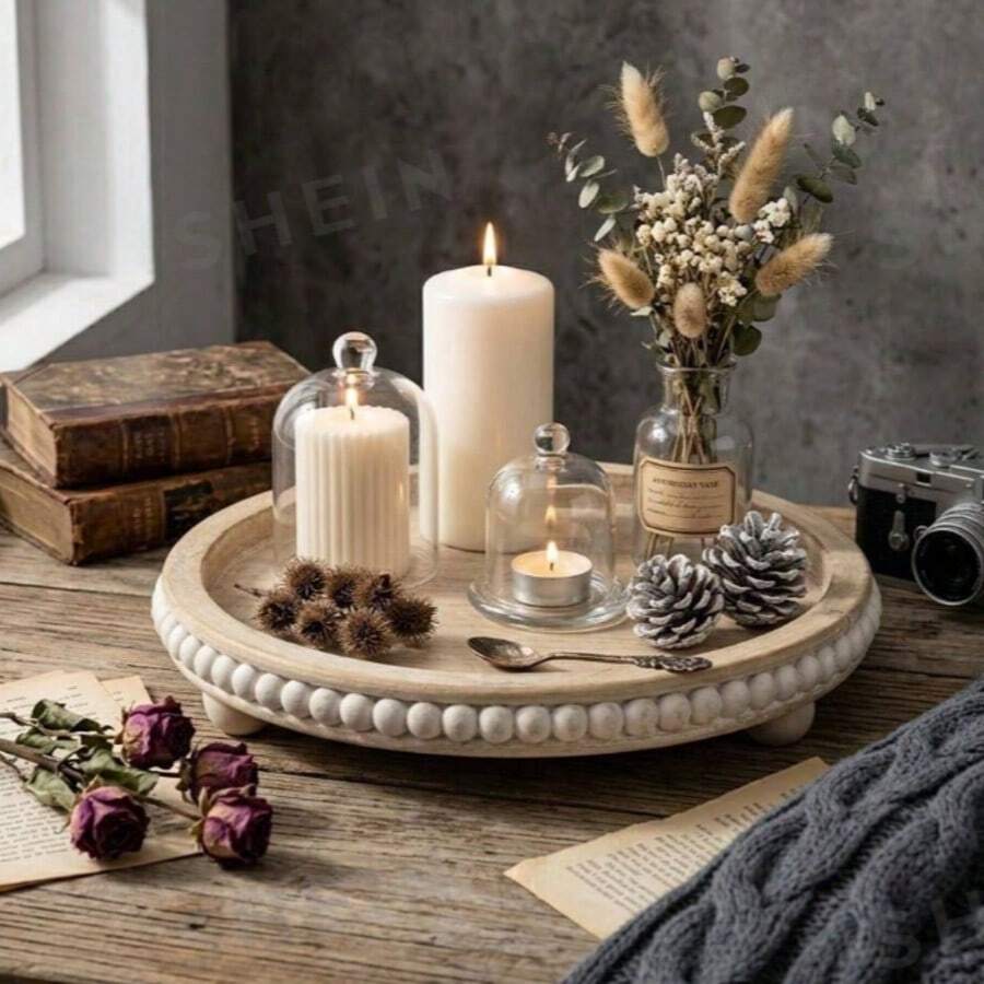 1pc 12-Inch Round Decorative Tray, White Wooden Bead Tray, Suitable For Living Room, Coffee Table, Dining Table Or Farmhouse Style Serving Tray, Ideal For Birthday Gift, Kitchen Accessory, Fruit Tray, Graduation Decoration - Wood Grain Color - View 1