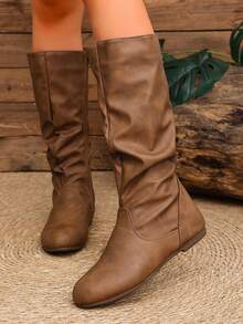 Maillard Brown Vintage Pleated High-Top Riding Boots For Women, Round Toe Flat Sole Side Zipper, Distressed Soft Leather Material, Loose Stacked Shaft, Versatile Long Boots For Autumn/Winter - Brown - View 4