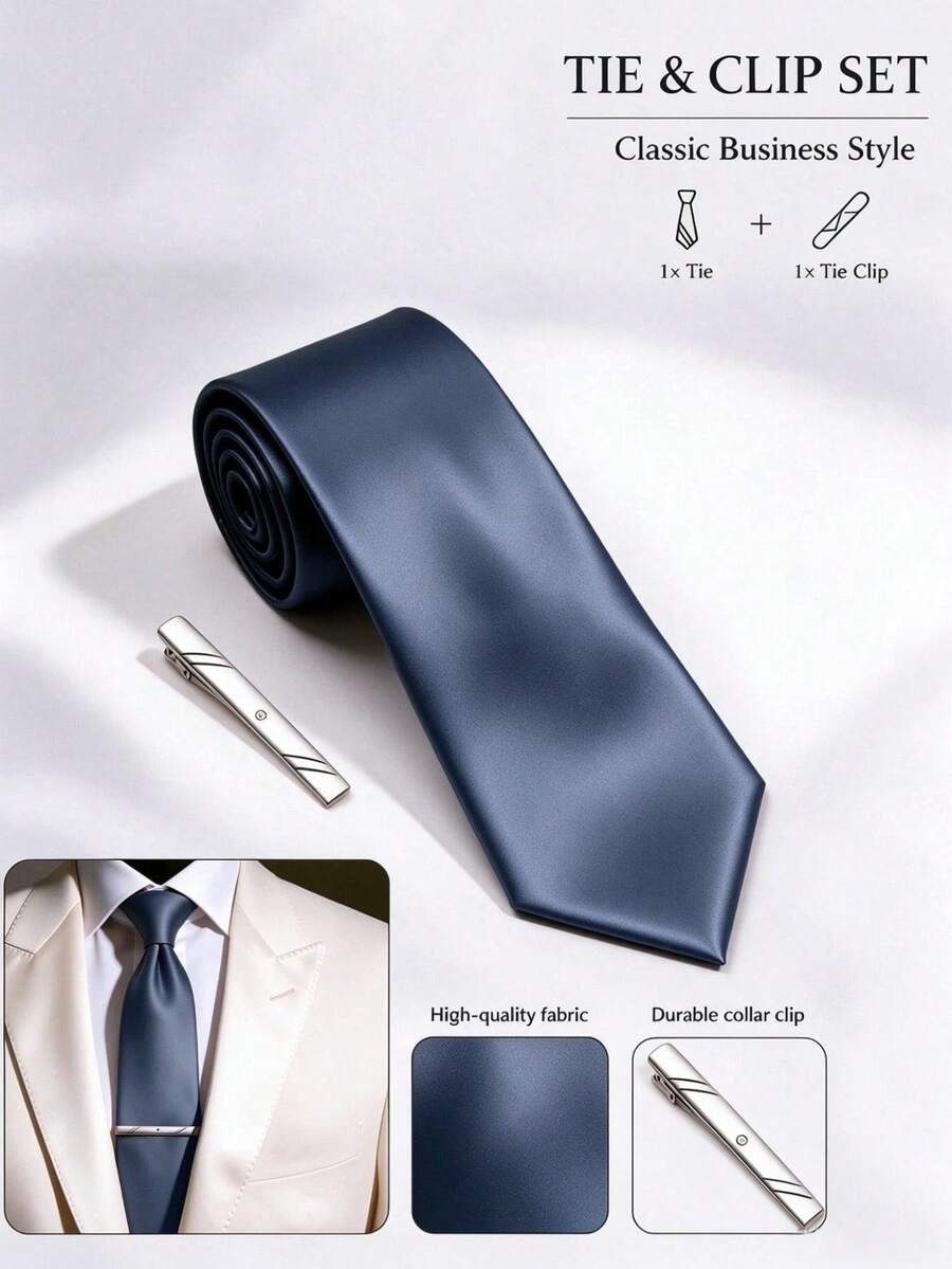 1 Set 8cm Solid Color Satin Men's Business Fashion Versatile Tie And Tie Clip Accessories, Suitable For Work, Interview, Wedding, Evening Party, Gathering, Family Dinner, Daily Wear - Dark Grey - View 1