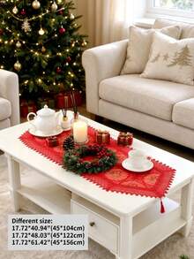 1pc 100% Polyester Beige & Red French Country Style Christmas Table Runner, Organza Fabric With Gold Bell & Floral Embroidery, Crocheted Lace Edge With Tassels, Christmas Party Holiday Table Decor - Red - View 17