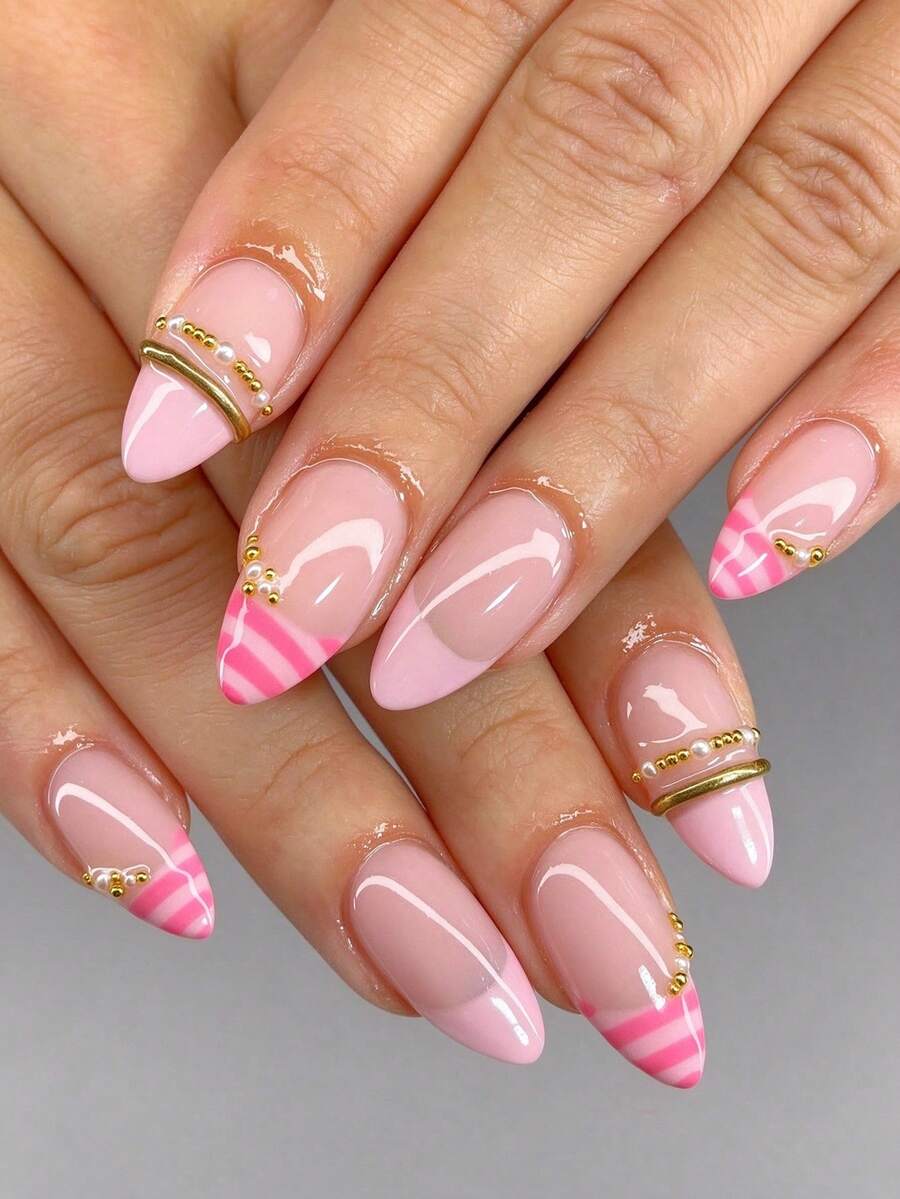 24pcs Autumn/Winter French-Style Press-On Nails Featuring Pink Stripes And Color-Blocking; Medium Almond-Shaped Tips Suitable For Daily Wear, Commuting, Or New Year's Dates. - Multicolor - View 1