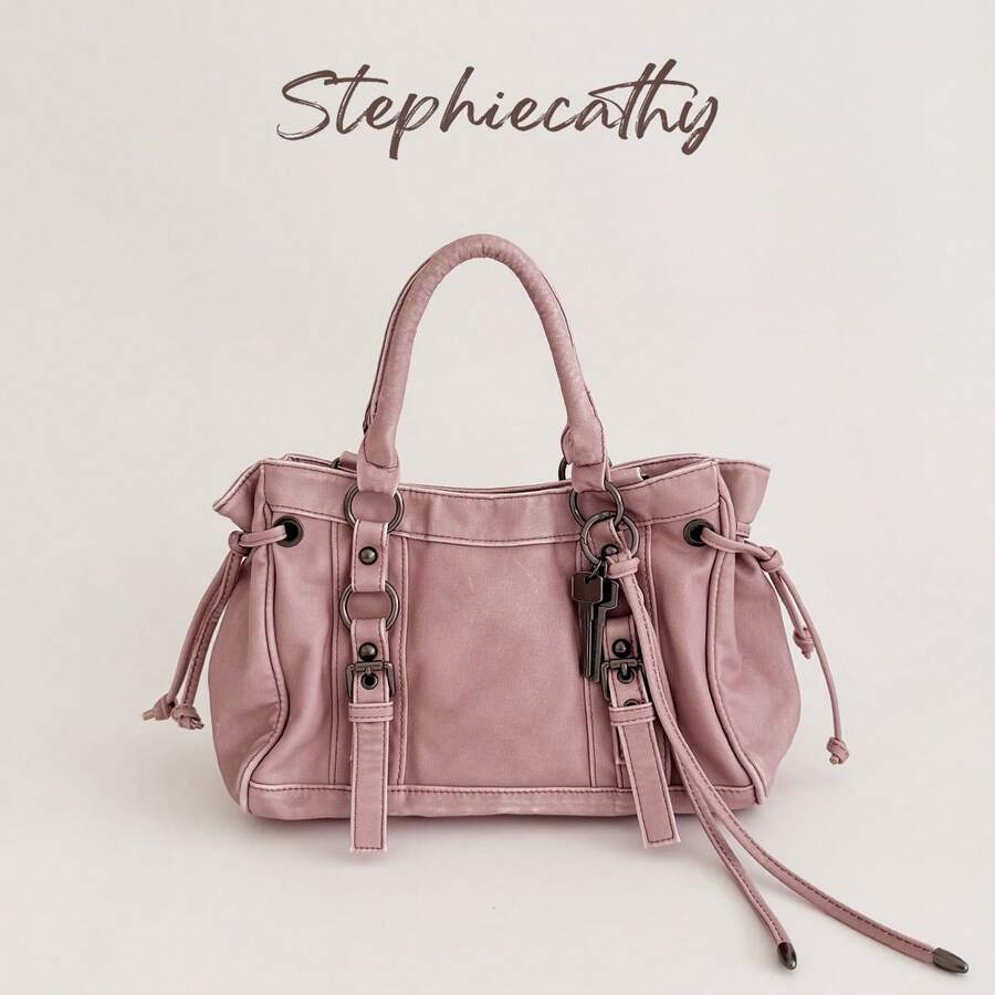 STEPHIECATHY Large Women's Vintage Distressed PU Leather Shoulder Tote Bag, Women's Retro Y2K Multi-Pocket Street Style Handbag, Suitable For Commuting, Shopping, And Travel - Multicolor - View 1