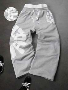 Teen Boys Letter Print Drawstring Waist Loose Casual Grey Stacked Sweatpants - Light Grey - View 1