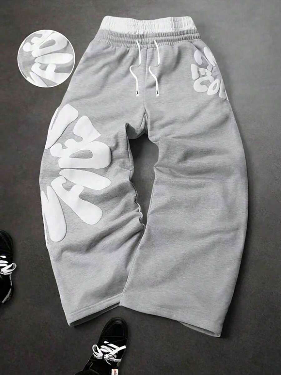 Teen Boys Letter Print Drawstring Waist Loose Casual Grey Stacked Sweatpants - Light Grey - View 1