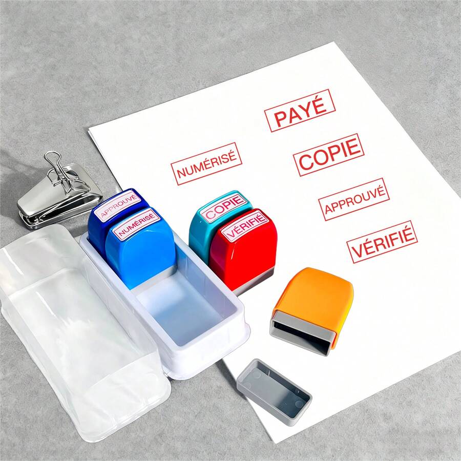 5pcs French Office Stamp Set/+3pcs Refill Bottles, Used For Office Approved Paid Copies, Business Accounting Financial Stamps Pre-Inked Rubber Stamps - Red Ink - With Tray - 5 French Financial Items - View 1