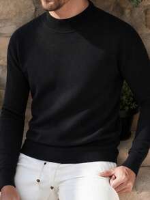 Men's Autumn/Winter Fashion Minimalist Solid Color Mock Neck Sweater, Suitable For Daily Commute And Dates, Excellent Choice For Layering - Black - View 2