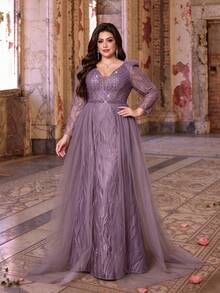 Plus Size Fall Winter Elegant Beaded Rhinestone Embellished Lace Tulle A-Line Maxi Dress, V-Neck Sheer Long Sleeve Sweep Train Gown For Party Wedding - Dusty Pink - View 5