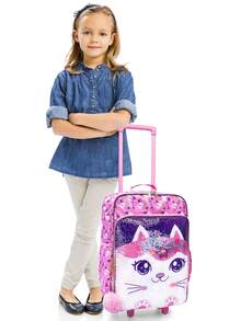 Girs Wheeled Suitcase, Pink Double-Sided Cartoon Kitty Cat Sequins Design, Carry-On Suitcase, Suitable For Weekend Vacation, Nighttime Reflective. - Pink - View 10
