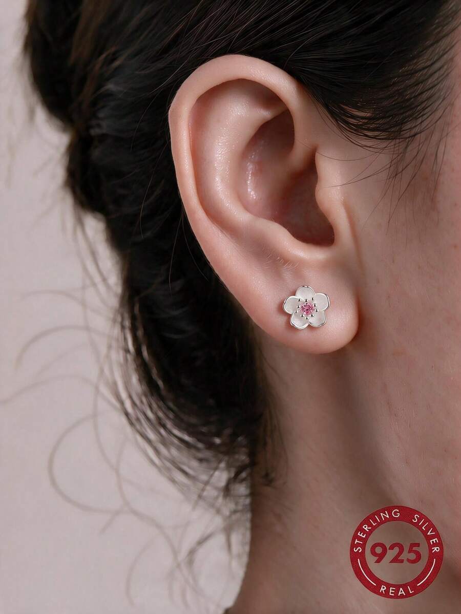 Elegant Pink Peach Blossom Pure Silver Jewelry Set, Romantic Floral Necklace & Earrings, Gift Box For Girlfriend - Pink - View 1