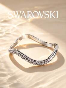 SWAROVSKI Wave Pave Crystal Bracelet, Asymmetrical Curved Open Cuff, Birthday Gift For Girlfriend - Silver - View 2