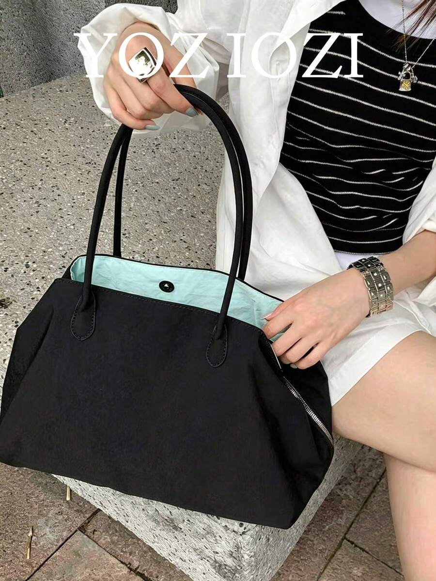 開學季韓系時尚小眾設計 Ins 極簡大容量托特包女款，百搭高級感旅行工作通勤肩背包，多隔層設計 - 黑色 - 查看 1