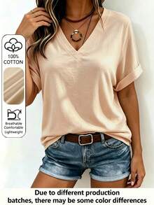 100% Pure Cotton Women's T-Shirt Top, Apricot Short Sleeve, Spring/Summer/Autumn Casual Wear - Apricot - View 4