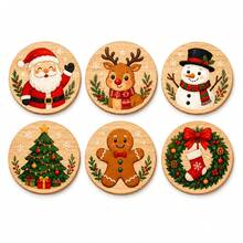 6pcs Christmas Coasters, Cute Cartoon Wooden Coasters, Patterns Include Santa Claus, Reindeer, Snowman, Gingerbread Man, Christmas Tree And Wreath, Christmas Home Decor, 2D Flat - View 3