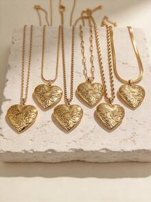 1pc Vintage Embossed Heart Locket Pendant, 18K Gold Stainless Steel Multi-Chain Openable Locket, Premium Versatile Women's Collarbone Necklace - Yellow Gold - View 3