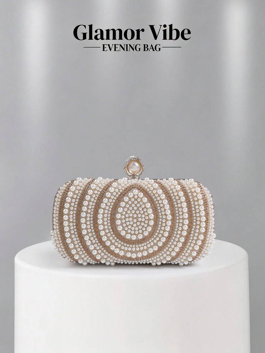 Elegant Pearl & Rhinestone Spiral Pattern Evening Clutch, Pearl Buckle Handbag - Champagne - View 1